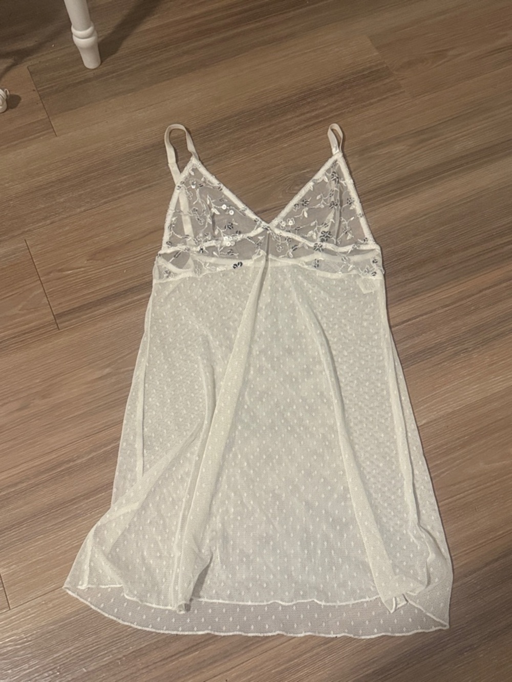 Vintage Sheer Lace-Trim Sequin Bra Flower Chemise Slip Nightdress White Sexy Top